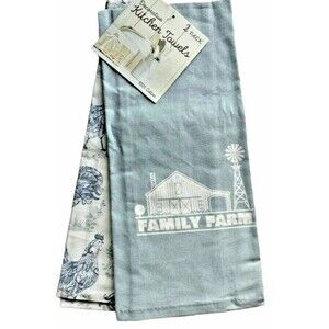 Farm Family Kitchen Dish Towels Set of 2 Sack Cloth Barn Windmill Chickens Blue